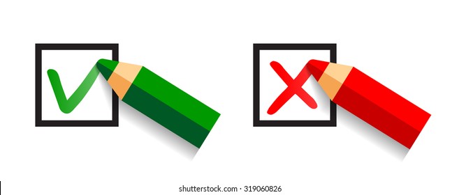 Pencil drawing green tick and red cross isolated on white background. Flat vector design element.