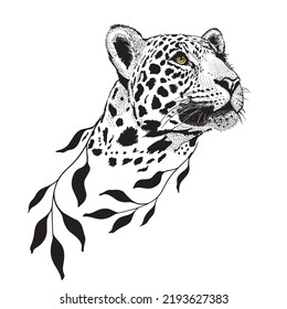 Pencil drawing of the head of a leopard in a minimalist style, suitable for a logo, tattoo, interior decoration, paintings, print on textiles and t-shirts. Predator.