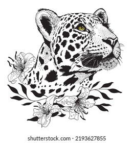 Pencil drawing of the head of a leopard in a minimalist style, suitable for a logo, tattoo, interior decoration, paintings, print on textiles and t-shirts. Panthera, Predator.