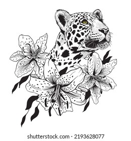 Pencil drawing of the head of a leopard in a minimalist style, suitable for a logo, tattoo, interior decoration, paintings, print on textiles and t-shirts. Predator.