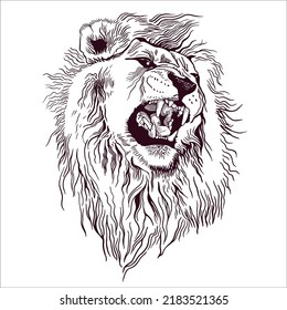 Pencil drawing of the head of a roaring lion in a minimalist style, suitable for a logo, tattoo, interior decoration, paintings, print on textiles and t-shirts. Lion roar.