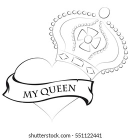 Pencil drawing of a heart shape with a queen crown on top saying my queen