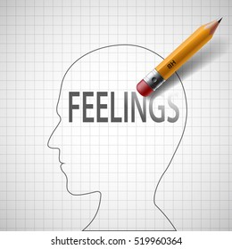 Pencil drawing in human head the word feeling. Stock vector illustration.