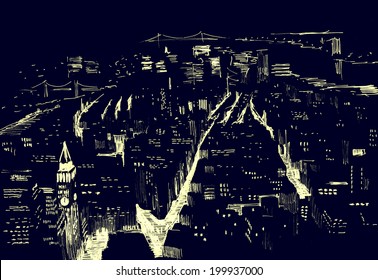 Pencil drawing of a landscape with set of skyscrapers in New York at night - in vector