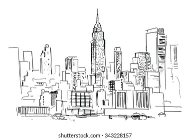 Dibujo a lápiz de un paisaje con un conjunto de rascacielos en Nueva York - en vector