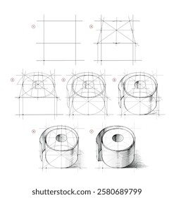 Pencil drawing lessons. Page shows how to learn to draw from life a sketch of toilet paper roll in perspective. Educational tutorial for artists. Development of artistic skills. Hand drawn vector.