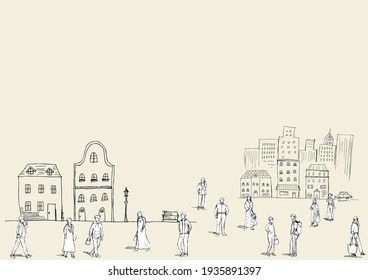 pencil drawing life style people in the city and building