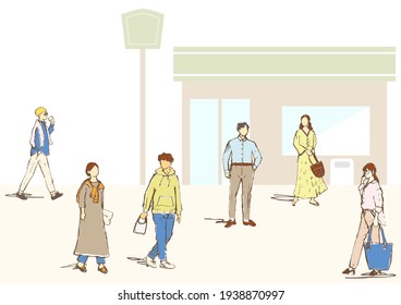 pencil drawing life style people and convenience store