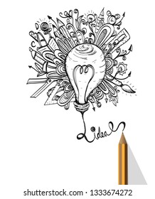 Pencil drawing light bulb with creative ideas concept vector