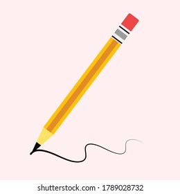 Pencil drawing a line. Pencil with rubber. Solid color vector illustration.