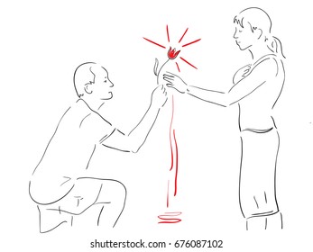 Pencil drawing. A man stands on his knee with a woman and makes a gesture of transferring the object. The woman pressed her hand to her breast, and with the other hand she accepts the gift