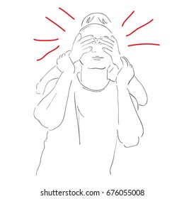 Pencil drawing of a man and a woman. The woman covered her eyes with a man and stood behind him. Gesture of flirting and communicating lovers