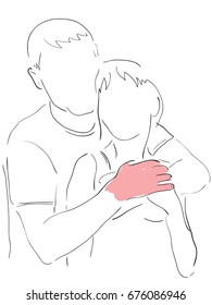 Pencil drawing of a man and a woman. A wide man from behind hugs a small woman with his hands. A woman will cling to the hands of a man