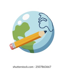 Pencil drawing a map on a globe. Vector illustration
