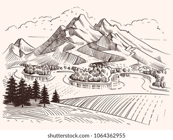 Pencil Drawing Mountain Landscape. Cartoon Sketch Mountains And Fir Trees Vector Illustration. Landscape Sketch Mountain, Tree And Peak Hill