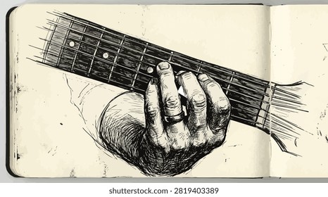 Pencil drawing of musician's hand on guitar fretboard. Artistic notebook page for creative projects.