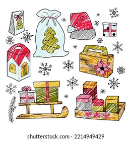 pencil drawing New Year s, Christmas decorations, gifts
