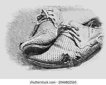 Pencil drawing Old torn shoes. A pair of men's heavily worn leather shoes. Vector illustration.