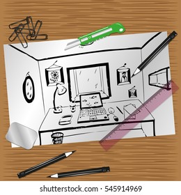 Pencil drawing on a sheet of paper on the desktop of the artist. Vector illustration.