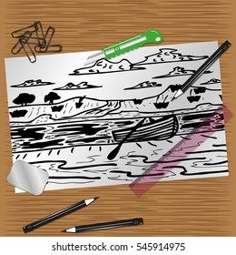Pencil drawing on a sheet of paper on the desktop of the artist. Vector illustration.