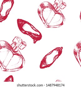 pencil drawing of perfume bottle and fashion pump shoes, fashionable vector engraving pattern