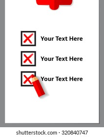 Pencil drawing red crosses  in check list. Flat vector design illustration.