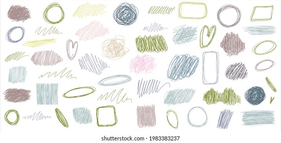Pencil drawing. A set of elements for design: strokes, frames, spots, stripes, lines, scribbles. Pastel colors. Empty space for text. Vector