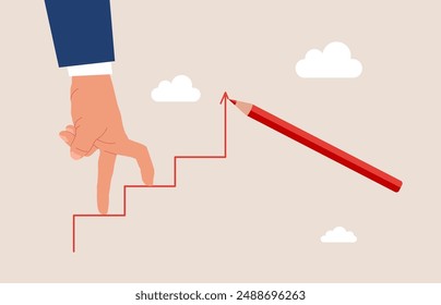 Lápiz dibujando escaleras. Mano humana subiendo escaleras hacia su meta. Sube la motivación, el camino hacia el logro del objetivo. Ilustración vectorial plana.