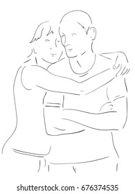 Pencil drawing of standing men and women. The woman will obey the shoulders of the man and press her face to the shoulder.