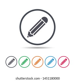 Pencil for drawing symbol. Round circle buttons. Colored flat web icons.