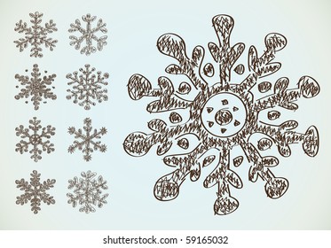 Pencil drawing vector snowflakes. Christmas decoration collection.