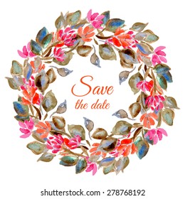 Pencil drawing vector wreath with green branches leaves and flowers invite, save the date card invitation