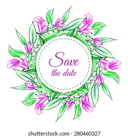 Pencil drawing vector wreath with green branches leaves and flowers invite, save the date card invitation