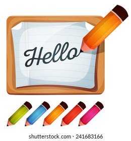 Pencil Drawing Word On Blank Sign/ Illustration of cartoon wood pencil drawing words on white school paper sign, with set of different colored pen