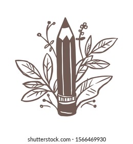 Pencil for drawing and writing with flower bouquet, plants, foliage and leaves. Vector creative concept for logo, emblem, sign or icon for art studio or gallery. Sketch freehand doodle illustration