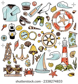 pencil drawings, set of elements of sea travel, cruise, lighthouse, sail, anchor, lifebuoy
