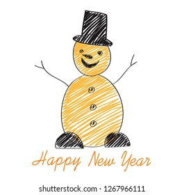 Pencil drawn christmas Snowman. Line drawing. Vector illustration on white background. New Year. Winter