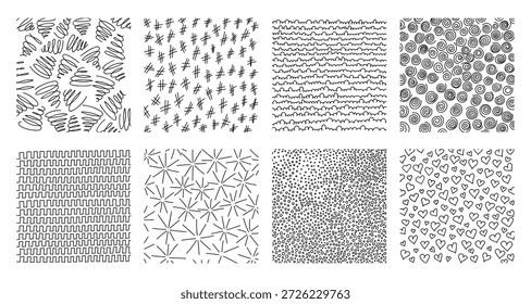 Dibujado a lápiz colección de patrón de rayado con técnicas de garabato. El trabajo de líneas texturizadas crea profundidad de sombreado. Ideal para fondo dibujado a mano e ilustración artística a lápiz.