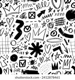 El doodle dibujado con lápiz forma un patrón sin fisuras en estilo punk. Calamares infantiles, formas abstractas e ingenuas de juego en forma de garabato de garganta, corazón, corona, flecha, giratoria y cuadrícula. Fondo de moda vectorial.