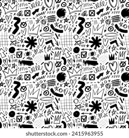 El doodle dibujado con lápiz forma un patrón sin fisuras en estilo punk. Calamares infantiles, formas abstractas e ingenuas de juego en forma de garabato de garganta, corazón, corona, flecha, giratoria y cuadrícula. Fondo de moda vectorial.