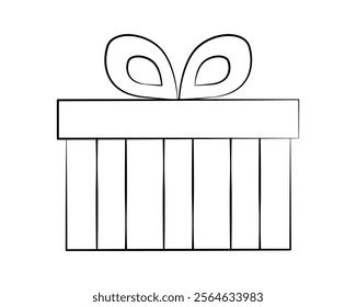 Pencil drawn Gift isolated on white background. Outline festive greeting striped Box with Bow and ribbon. Sketch. Contour Present for holiday, Birthday, New Year. Linear image. Vector illustration