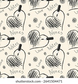 Pencil drawn heart and abstract elements. Back to school seamless patterns doodles hand drawn. Background for textile wallpapers, book covers, digital interfaces, prints materials, cards, invitations.
