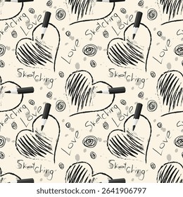 Pencil drawn heart and abstract elements. Back to school seamless patterns doodles hand drawn. Background for textile wallpapers, book covers, digital interfaces, prints materials, cards, invitations.