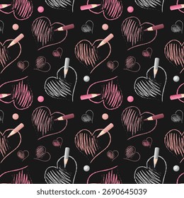 Pencil drawn heart and abstract elements. Valentins vibe seamless patterns doodles hand drawn. Background for textile wallpapers, covers, digital interfaces, prints materials, cards, invitations.