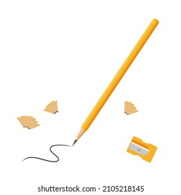 A pencil with a drawn line and a sharpener on a white background.Vector illustration