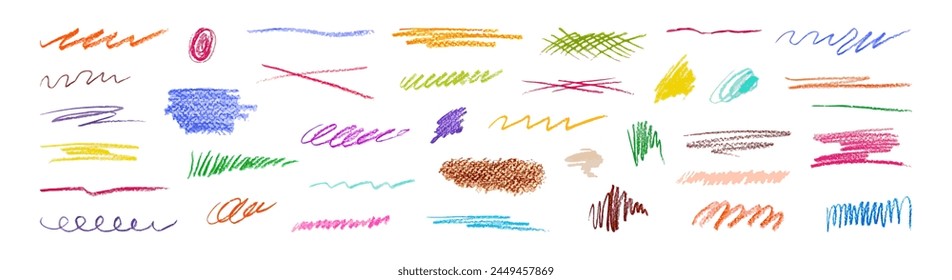 Pencil drawn lines, strikethroughs, underlines. Set of color pencil scribbles, lines, squiggles and shapes. Grunge pen crayon pencil collection