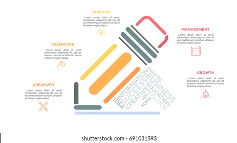 Pencil drawn with multicolored lines and surrounded by linear pictograms, headings and text boxes. Concept of form filling and notes making. Creative infographic design layout. Vector illustration.