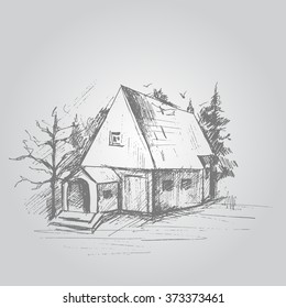 Pencil drawn old house. Vector illustration