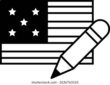 A pencil is drawn on a black and white American flag. The pencil is placed on the flag in such a way that it is writing on the flag