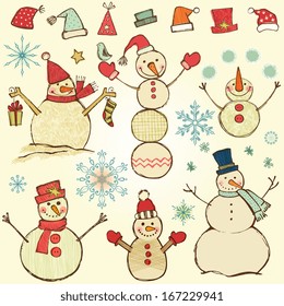 Pencil drawn snowman set. Vector.